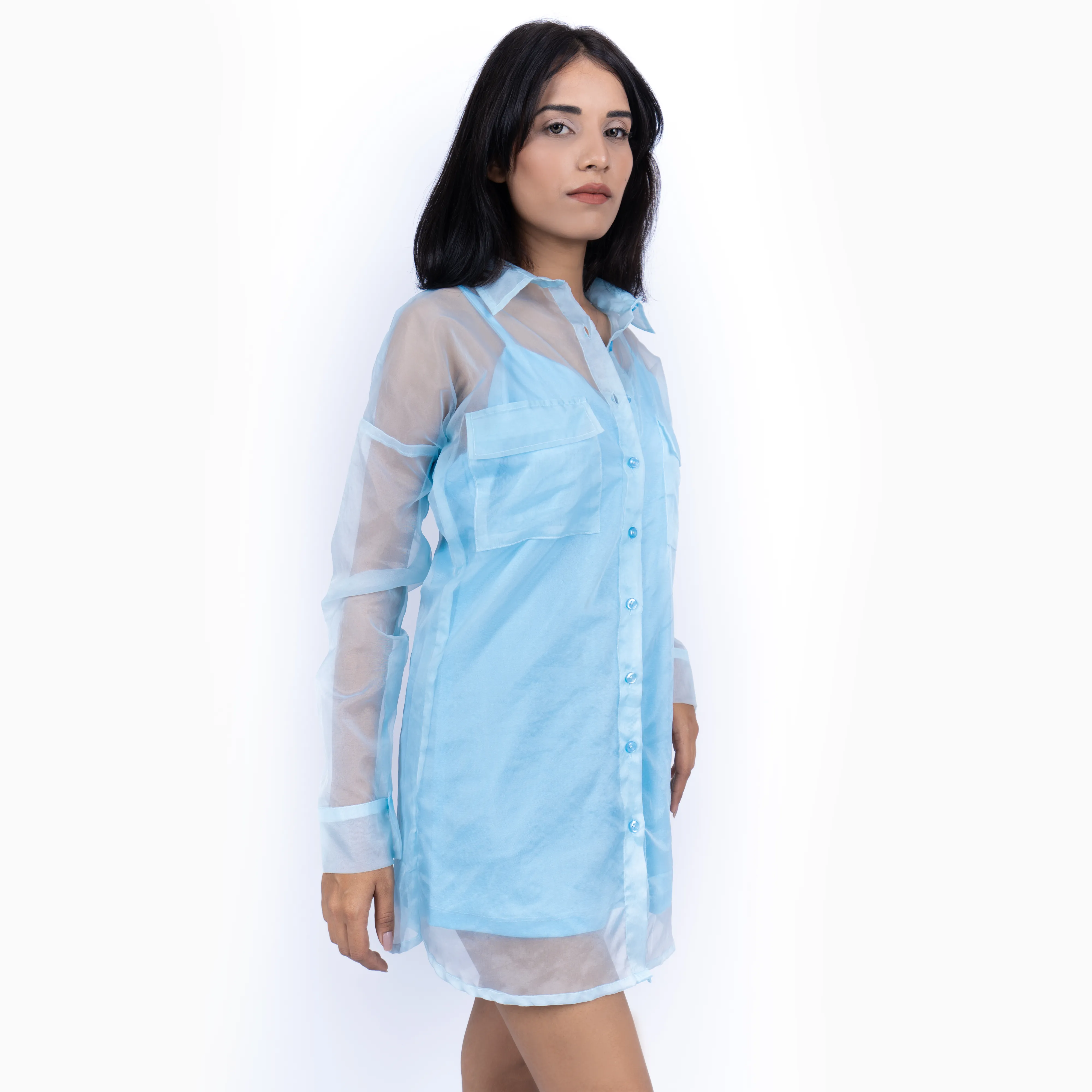 Trendy Organza Shirt Dress – Blue