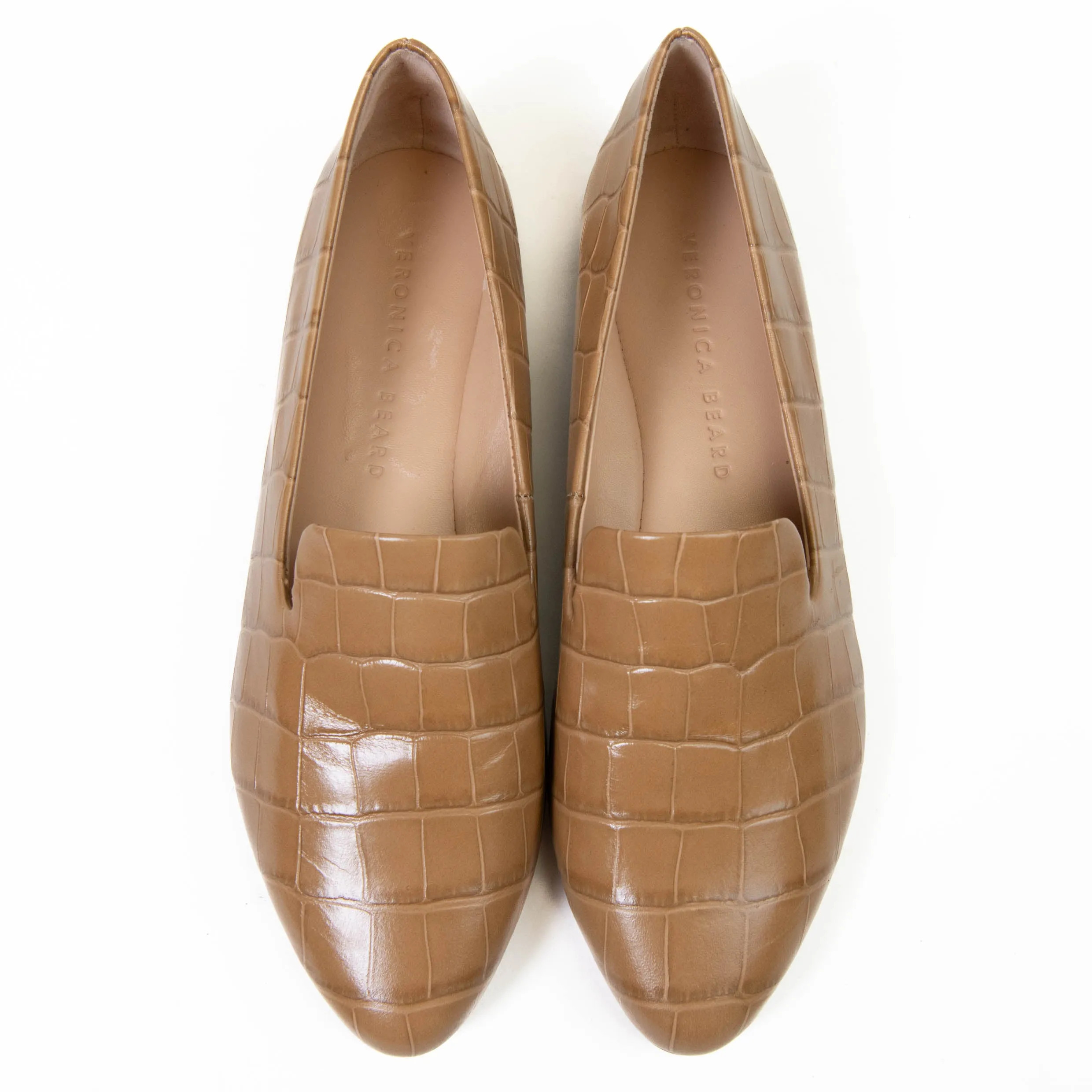 Veronica Beard Tan Leather Mock Croc Embossed Griffin Loafers Size 7