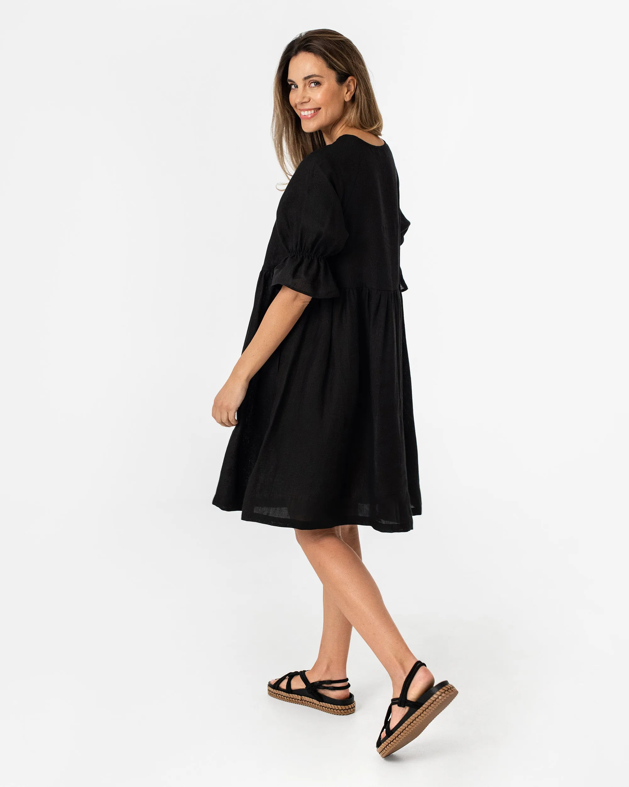 Voluminous linen dress NERJA in Black