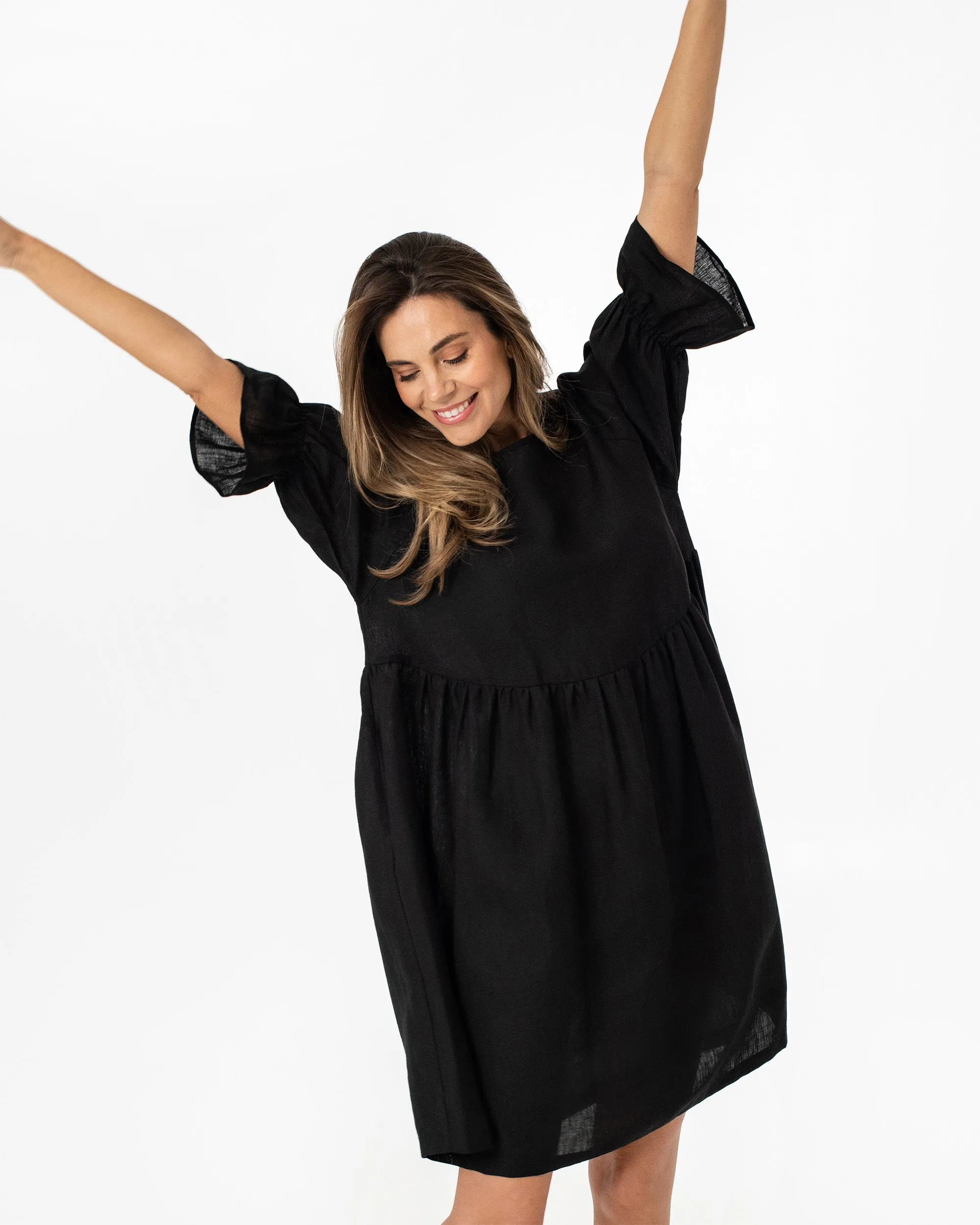 Voluminous linen dress NERJA in Black