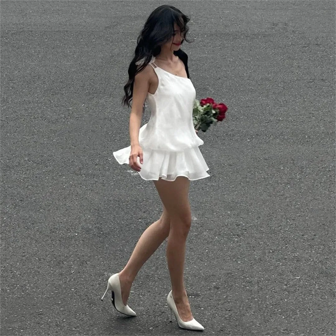 Women Solid Ruffle Single Shoulder Backless Elegant Bodycon Mini Dress Prom Party Evening Vestidos