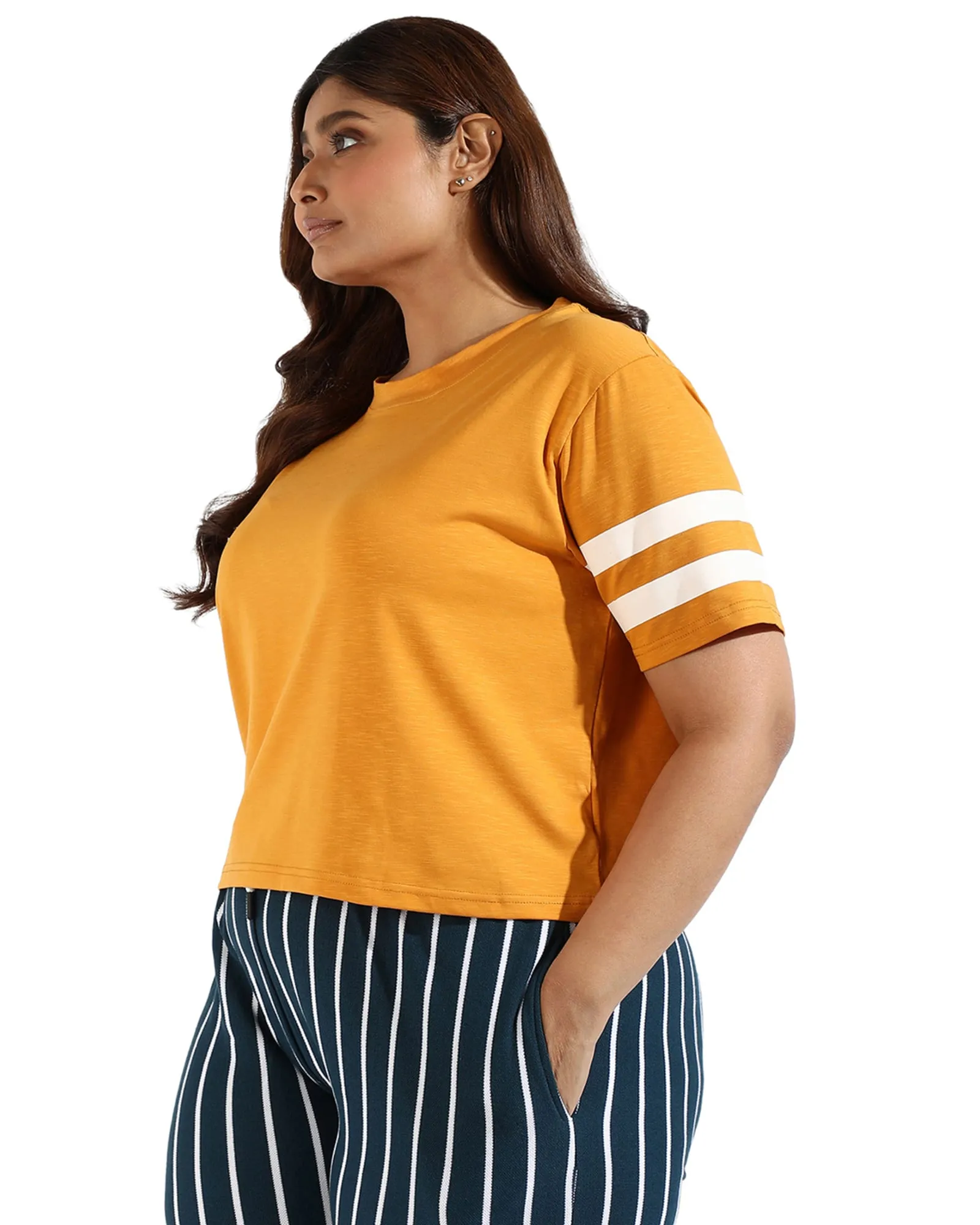 Women Solid Short Sleeve Round Neck Top | Mustard